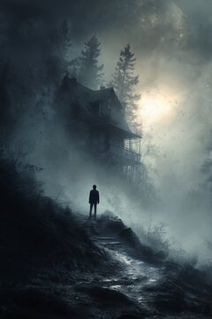 Lone figure in black stands before a decaying house shrouded in mist. Eerie atmosphere captures mystery, ghostly intrigue.