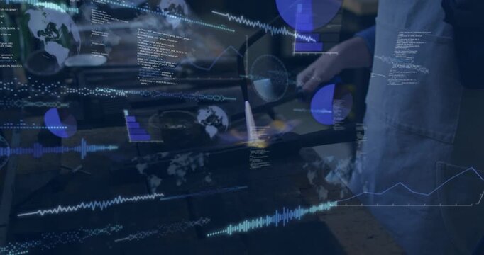 Woman cook torching pan for browning at stove, using torch while tech overlays charts, code growing