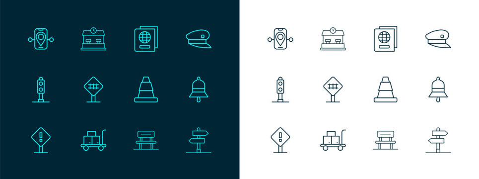Set line Train driver hat, Trolley suitcase, Traffic cone, Waiting hall, Railroad crossing, Passport, Route location and Railway station icon. Vector