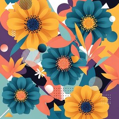Bold floral abstract art with geometric shapes in vibrant colors