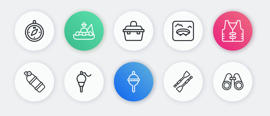 Set line Fishing float, jacket, Aqualung, Oars or paddles boat, Winter fishing, Case box for equipment, Binoculars and icon. Vector © Iryna