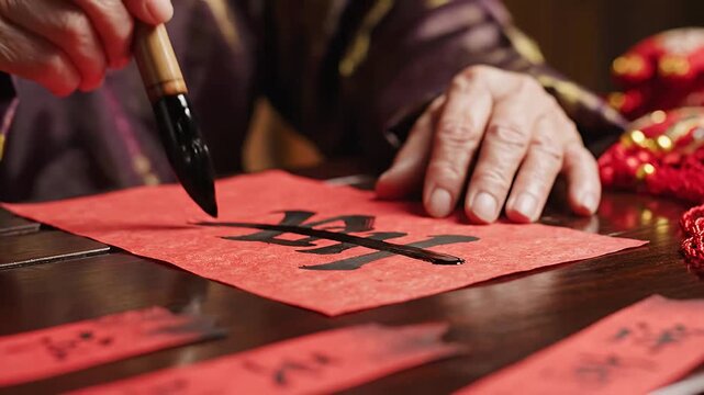 Close-up of an elderly persons hands writing Chinese calligraphy on red paper for Lunar New Year celebrations.