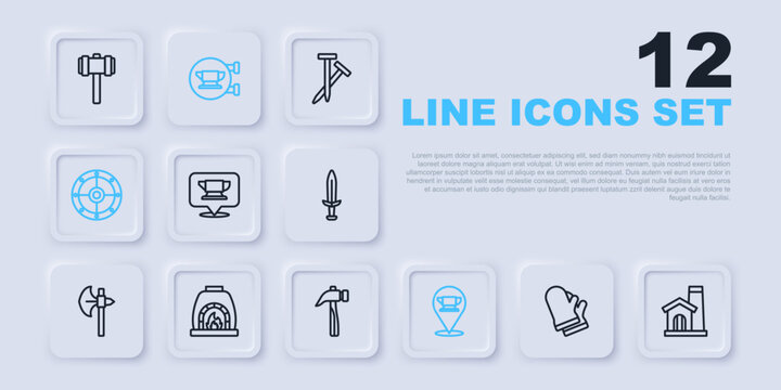 Set line Protective gloves, Smithy workshop interior, Blacksmith anvil tool, Round shield, oven, and Hammer icon. Vector