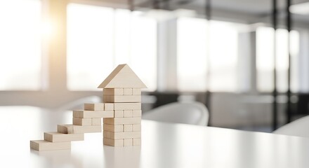 Wooden house model and rising block steps in bright modern office real estate investment concept