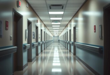 Obraz premium Out-of-focus hospital corridor, muted colors, sterile environment, medical facility, background