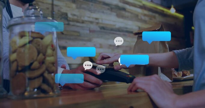 cafe cashier holding terminal client tapping phone paying chat bubbles rising thinning around hands