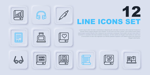 Set line Phone book, Open, Inkwell, Decree, parchment, scroll, E-Book reader, Books about programming, Headphones and User manual icon. Vector