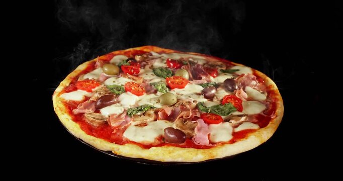 Pizza during the baking process, isolated on a black background. Studio shot showing cooking time progression, melting cheese and fresh ingredients. Perfect for food, cooking and restaurant concepts.