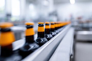 Conveyor belt with brown bottles and yellow caps in a beverage factory