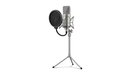 Side view of studio condenser microphone with shock mount and pop filter on white