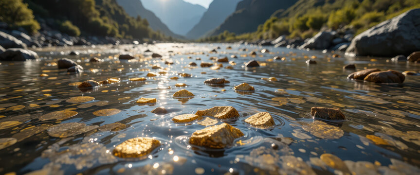 Golden leaves floating on a serene river mountain valley nature photography tranquil environment low angle view