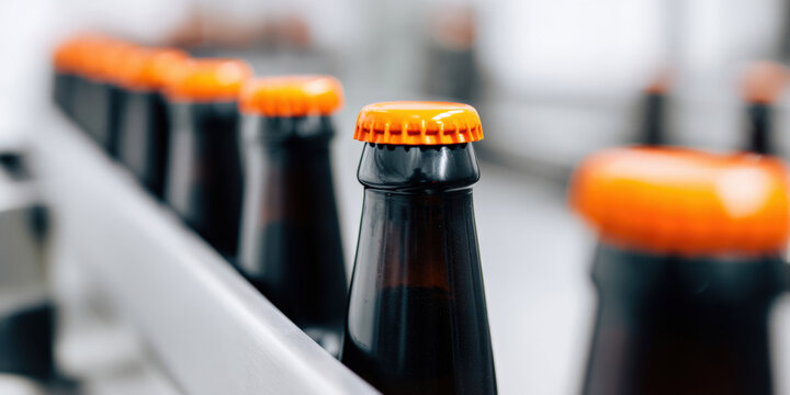 Bottling line with dark beer bottles featuring bright orange caps in brewery