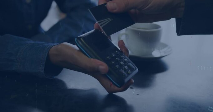 Merchant sliding reader in cafe, buyer tapping card, code layering over hands confirming payment