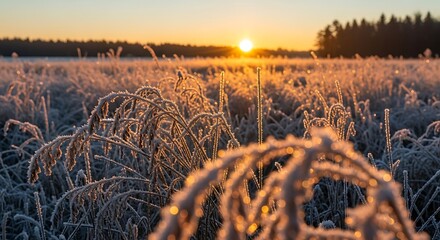 Frost covered grass and plants glowing in warm sunrise light winter meadow