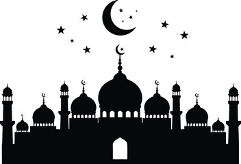 Black silhouette of mosque with domes and minarets under crescent moon and stars white © Shamimara creative 