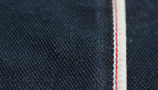 Raw indigo selvedge denim fabric macro texture with red edge line