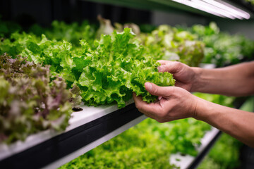 Hands harvesting fresh green lettuce in a modern vertical farm, showcasing indoor agriculture technology, sustainable food production, and controlled environment farming.