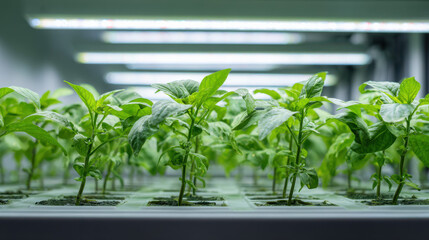 Young green plants growing under LED lights in a hydroponic farm, representing sustainable agriculture, food technology, and modern indoor farming.