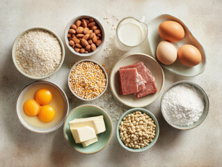 Various protein-rich ingredients arranged on a neutral background, showing animal and plant protein sources for nutrition, food diversity, and balanced diet concepts.