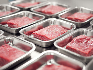Lab-grown meat portions arranged in stainless steel trays, illustrating industrial-scale alternative protein production, food innovation, and next-generation sustainable meat processing.