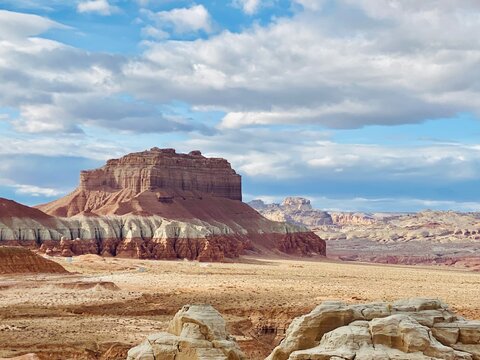 Dramatic rock formations in a rural landscape, Goblin Valley State Park, Utah, USA