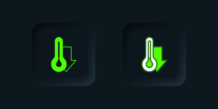 Green Meteorology thermometer measuring icon isolated on black background. Thermometer equipment showing hot or cold weather. Black square button. Vector