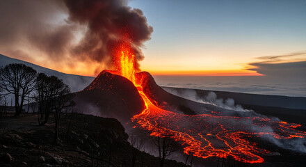 Dramatic shot of erupting volcano with flowing lava and smoke, representing geological power and natural phenomenon, at sunset with twilight sky