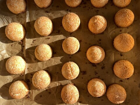 Overhead view of Homemade Sugar-Free Coconut Cookies on parchment Paper