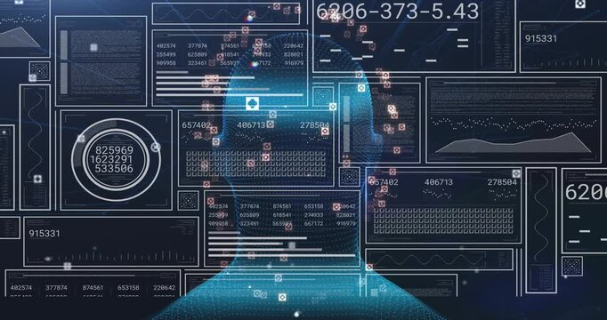 Glowing scan beam starting analysis, blue mesh head rotating right, markers migrating, HUD updating