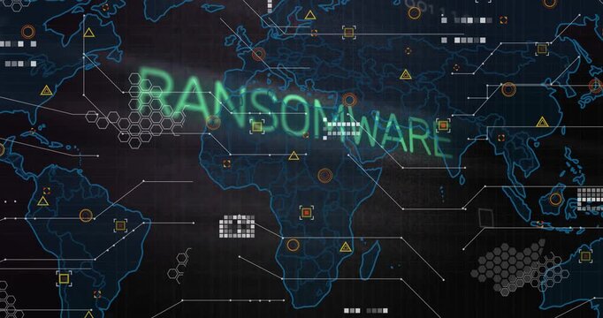 RANSOMWARE headline forming and glowing across blue map, triggered by pulsing nodes mapping spread