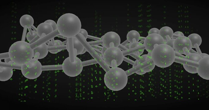 Camera panning, translucent node mesh undulating and revealing green binary rain, showing data flow