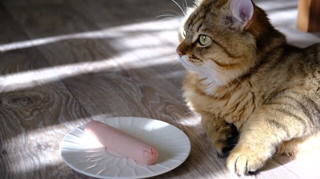 Domestic cat smelling sausage. Joyful, playful pets on domestic kitchen, picky cat. Humor.  Guarding, security