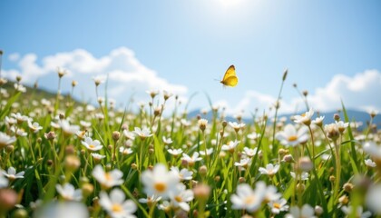 Obraz premium Yellow Butterfly Flying Over Blooming White Daisies Under Bright Blue Sky with Clouds