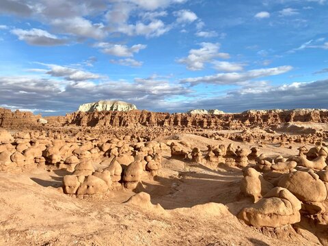 Dramatic rock hoodoos in a rural landscape, Goblin Valley State Park, Emery County, Utah, USA