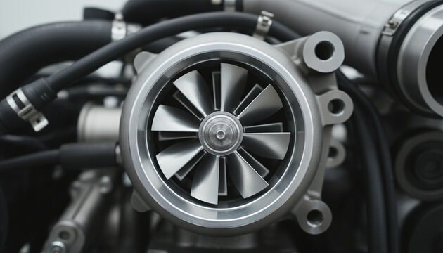 Automotive turbocharger compressor wheel aluminum impeller blades close up