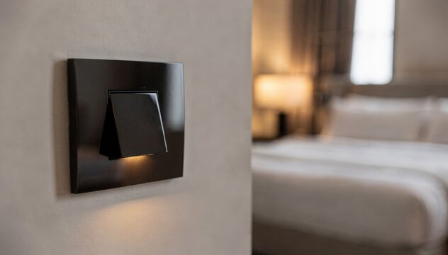 Professional medium shot of luxury guest room lighting panel upgrades illuminated switch in sharp focus emphasizing sophisticated design with room depth blurred.