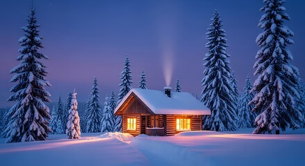 Cozy wooden cabin with warm lights surrounded by tall snowy pine trees at blue hour