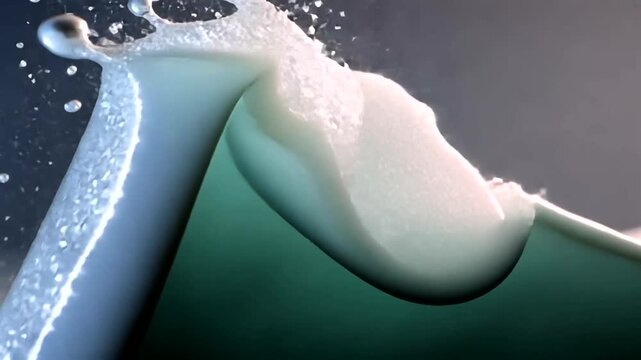 A detailed close-up of a fluid splash, featuring white liquid with droplets against a grey background