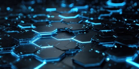 Fototapeta premium Futuristic Cyber-themed Digital Interface with Neon Blue Glowing Paths and Hexagonal Layers