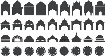 Dark gray Indian architectural silhouettes and floral patterns on white background Indian architecture © Shamimara creative 