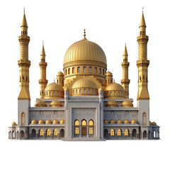 Obraz premium Golden mosque with multiple domes and minarets isolated on a transparent background islamic architecture