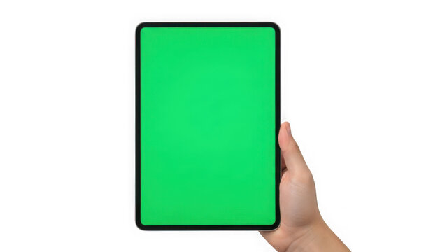 Hand holding green tablet isolated on transparent background isolated on transparent background