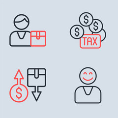 Fototapeta premium Set line Tax payment, cardboard box, Happy customer and Buyer icon. Vector