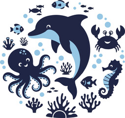 Fototapeta premium Underwater scene with silhouette of dolphin and sea creatures