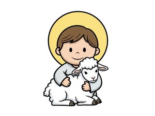 Obraz premium Cute child illustration featuring a boy with a yellow halo, embodying a religious figure concept. Cartoon style for Christian holiday design.