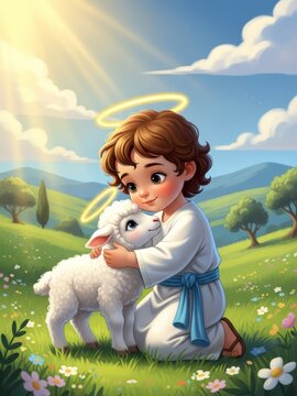 Tender illustration of Child Jesus embracing a white lamb with glowing halos. Perfect for Easter cards, baptism gifts, Sunday school art, church bulletins, Bible study materials, and nursery decor.