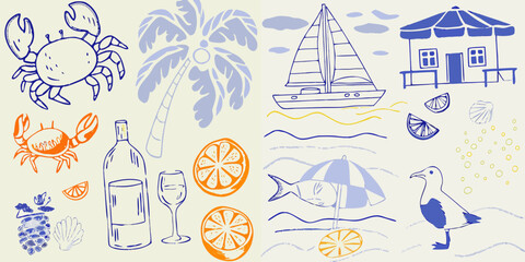 A whimsical illustration featuring beach elements like crabs sailboats and citrus fruit