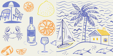 Summer themed doodles featuring beach elements citrus fruits and coastal scenes