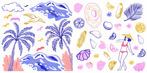 A colorful hand drawn illustration depicting a tropical summer vacation scene