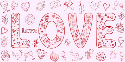 A decorative illustration spelling love with hearts and romantic symbols